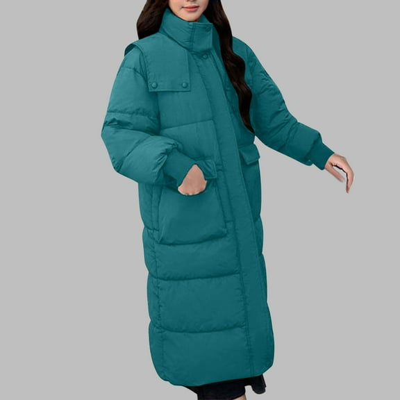 Fartey Winter Long Puffer Coat for Women Full Zip Hooded Padded Coats Loose Casual Solid Color Long Sleeve Jacket Thick Warm Winter Outerwear with Pockets