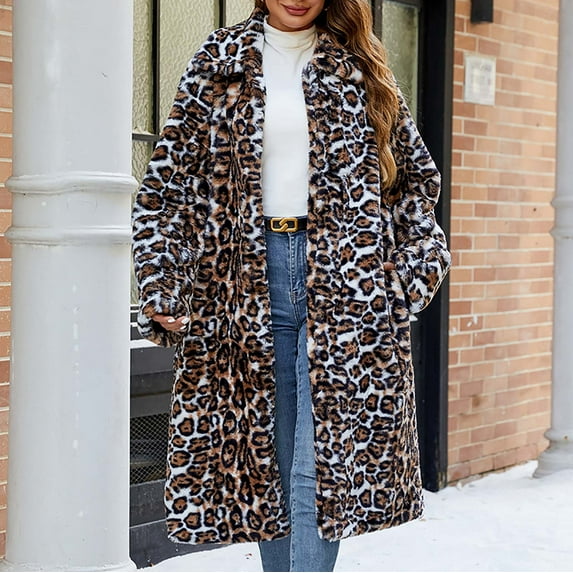 Fartey Winter Womens Trench Coat Faux Fur Overcoat Cozy Fuzzy Fleece Vintage Leopard Long Coat Dressy Casual Lapel Fluffy Plush Outerwear