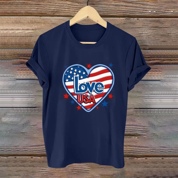 Fartey Women American Flag Shirts Cute USA Flag Stars Stripes Graphic Tees 4th of July Patriotic T Shirts Dressy Casual Short Sleeve Crew Neck Holiday Tops Blue XL