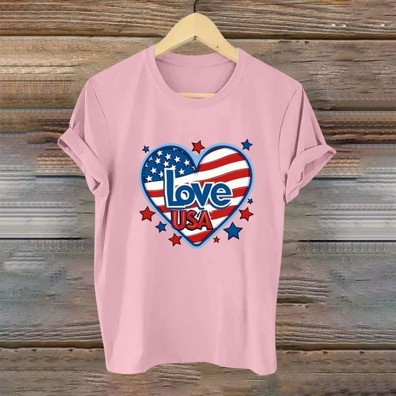 Fartey Women American Flag Shirts Cute USA Flag Stars Stripes Graphic Tees 4th of July Patriotic T Shirts Dressy Casual Short Sleeve Crew Neck Holiday Tops Pink S