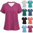 thumbnail image 1 of Fartey Women Breast Cancer Awareness Scrub Tops Slim Fit V Neck Tunic Top Loose Fit Solid Color Short Sleeve Working Uniforms with Pockets Green XL, 1 of 4