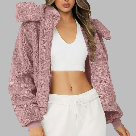 Fartey Women Fleece Cropped Jackets Trendy Zip Up Hooded Coat Soft Plush Sherpa Lined Jacket Winter Warm Long Sleeve Solid Coat Outwear