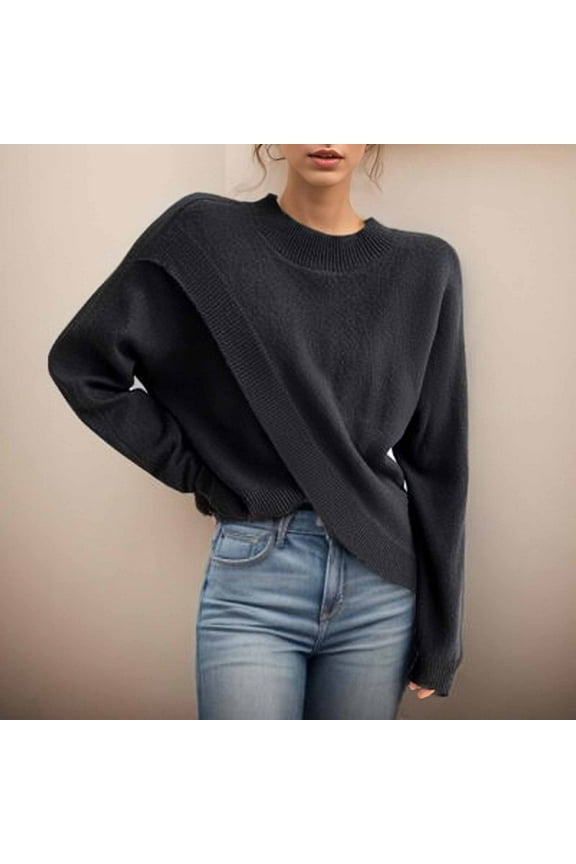 Women Mock Neck Sweater Trendy Elegant Cross Front Tunic Jumper Sweaters Slim Fit Long Sleeve Solid Color Knitted Pullover Sweater