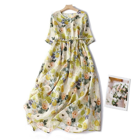 Fartey Women Retro Boho Floral Print Cotton Linen Dress Casual Flowy Crew Neck 3/4 Sleeve Midi Dresses Summer Breathable Lace-Up Pleated Dress