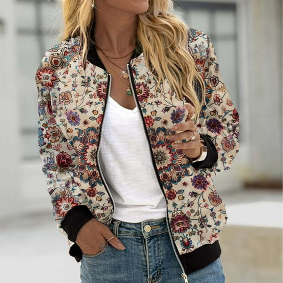 Fartey Women Trendy Bomber Jackets Retro Floral Print Long Sleeve Jacket Lightweight Thin Moto Biker Coats with Pockets Casual Zip Up Jackets S-2XL