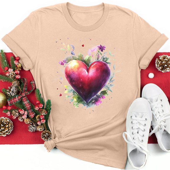 Fartey Women Valentine's Day Short Sleeve Tops Casual Loose Summer T Shirts Soft Stretch Crew Neck Tee Shirt Fashion Cute Heart Graphic Tees 2025 Khaki S-3XL