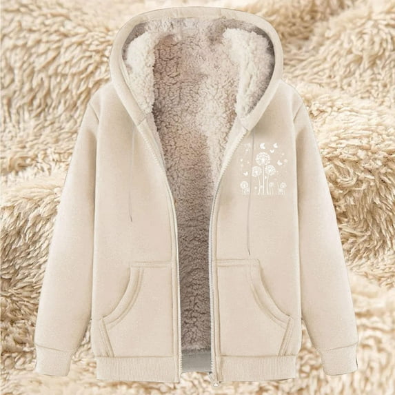 Fartey Women Winter Hoodies Zip Up Fleece Sherpa Lined Warm Sweatshirts Jacket Loose Casual Long Sleeve Coat with Pockets Dandelion Print Coats