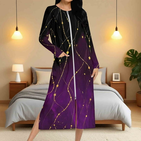 Fartey Women Zipper Nightgown with Pockets Loose Comfy Long Sleeve Crew Neck Housecoats Long Nightdress Full Length House Dress Funny Graphic Loungewear Multicolor M