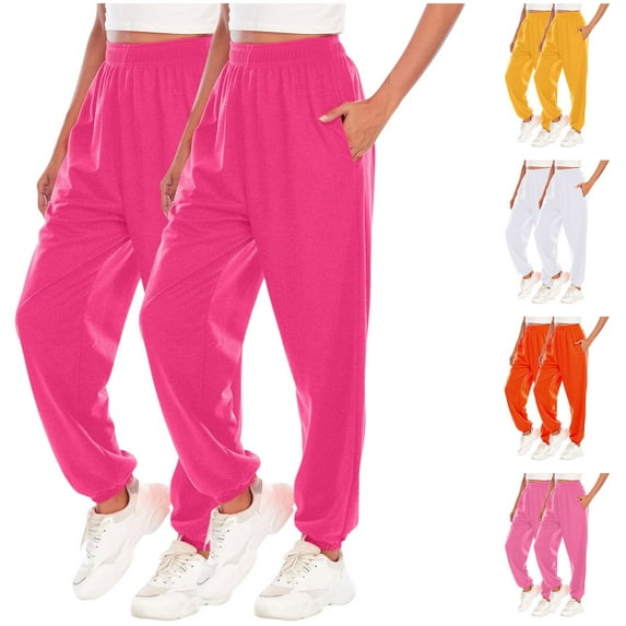 Fartey Women's 2 Pack Sweatpants Basic Solid Color Elastic High Waisted Causal Joggers Comfortable Lounge Pants with Pockets Pink 2XL
