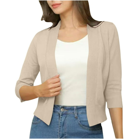 Fartey Women's 3/4 Sleeve Shrugs Cardigan Lightweight Cropped Tops Fall Knitted Open Front Business Casual Solid Color Work Cardigans Beige S