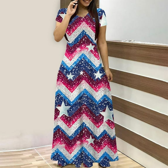 Fartey Women's 4th of July Dresses Independence Day Patriotic Tunic Dress Summer Short Sleeve Crew Neck Maxi Dresses Fashion Stars Stripe Print Long Dress with Pockets Blue M