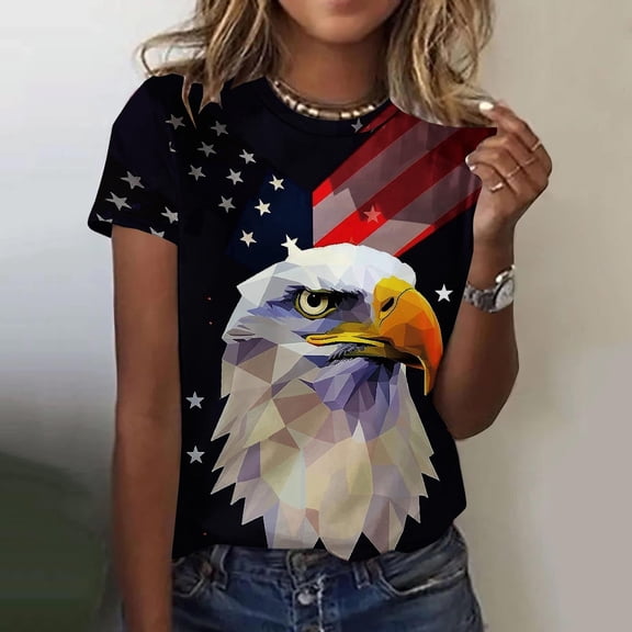 Fartey Women's 4th of July Shirt American Flag Graphic Tees Short Sleeve Crew Neck Patriotic Tops Dressy Casual Independence Day Festival T Shirts Multicolor M