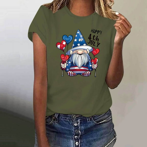 Fartey Women's 4th of July Shirt Cute Gnome Graphic Tees Independence Day Patriotic Tops American Flag Crew Neck T Shirts Loose Casual Summer Short Sleeve Blouses Army Green XXL