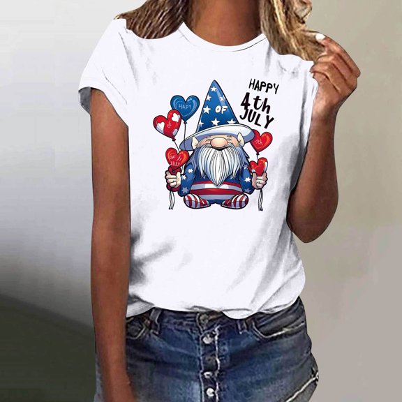 Fartey Women's 4th of July Shirt Cute Gnome Graphic Tees Independence Day Patriotic Tops American Flag Crew Neck T Shirts Loose Casual Summer Short Sleeve Blouses White XXL