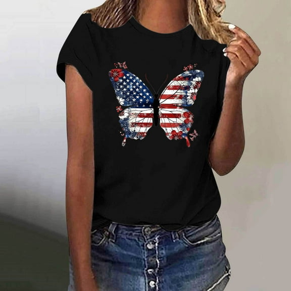 Fartey Women's 4th of July Shirt Patriotic American Flag Short Sleeve Tops Independence Day Crew Neck Graphic Tees Memorial Day T-Shirts Black XL