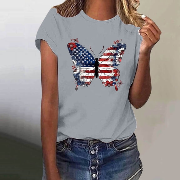 Fartey Women's 4th of July Shirt Patriotic American Flag Short Sleeve Tops Independence Day Crew Neck Graphic Tees Memorial Day T-Shirts Gray S