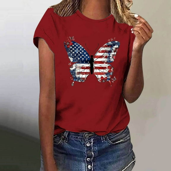Fartey Women's 4th of July Shirt Patriotic American Flag Short Sleeve Tops Independence Day Crew Neck Graphic Tees Memorial Day T-Shirts Red XXL