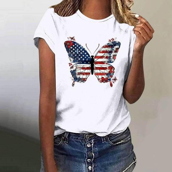 Fartey Women's 4th of July Shirt Patriotic American Flag Short Sleeve Tops Independence Day Crew Neck Graphic Tees Memorial Day T-Shirts White S