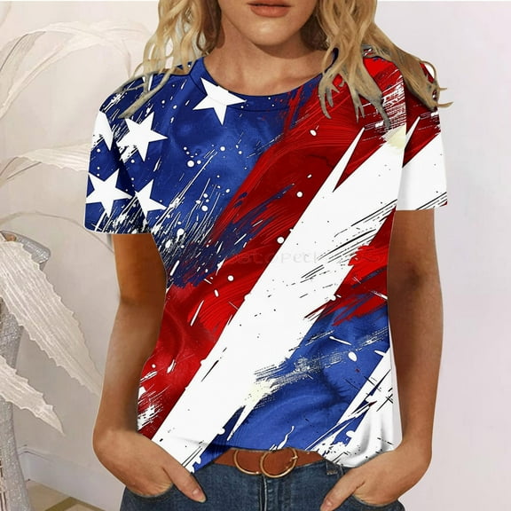 Fartey Women's 4th of July Shirts 2025 Summer Short Sleeve Tops American Flag Graphic Tees Independence Day Patriotic T Shirts Blue M