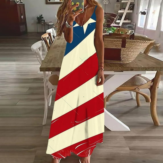Fartey Women's American Flag Print Maxi Dresses 4th of July Patriotic Sundress Independence Day V Neck Dresses Spaghetti Strap Sleeveless Dress Multicolor L