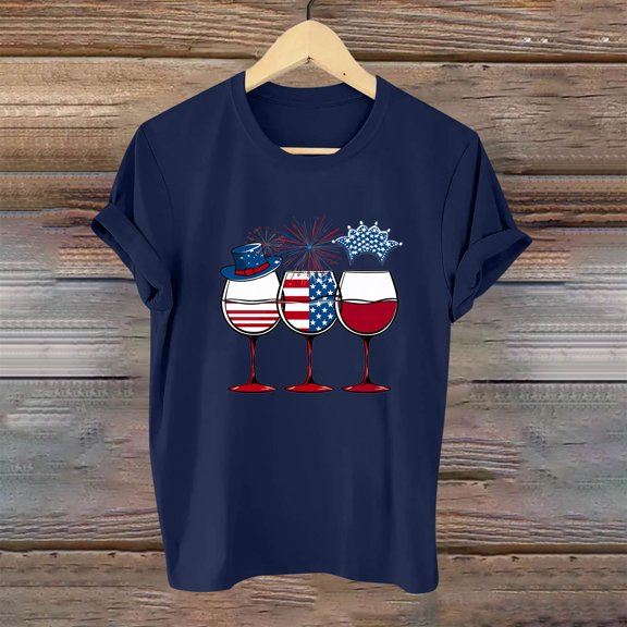 Fartey Women's American Flag Shirt 4th of July Patriotic T-Shirts Funny Independence Day Graphic Tees Summer Short Sleeve Crew Neck Casual Tops Blue M