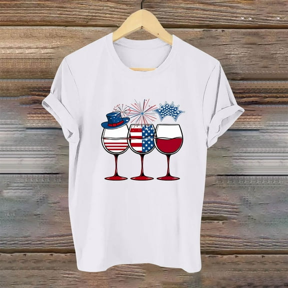 Fartey Women's American Flag Shirt 4th of July Patriotic T-Shirts Funny Independence Day Graphic Tees Summer Short Sleeve Crew Neck Casual Tops White XL