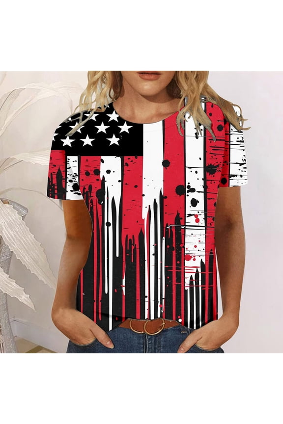 Women's American Flag Shirts 4th of July Short Sleeve Tops Independence Day Crew Neck T Shirts Funny Graphic Tees Patriotic Tshirts Red L