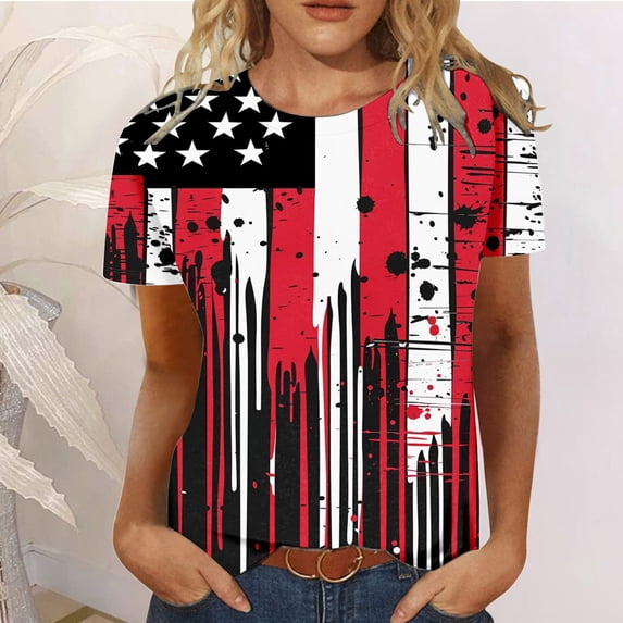 Fartey Women's American Flag Shirts 4th of July Short Sleeve Tops Independence Day Crew Neck T Shirts Funny Graphic Tees Patriotic Tshirts Red XXL