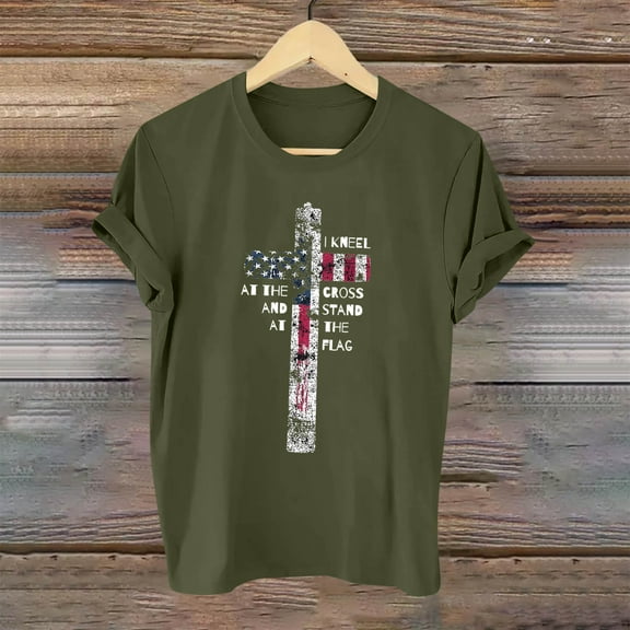 Fartey Women's American Flag Short Sleeve Shirts Retro Stars Stripe Graphic Tees Soft Comfy Crew Neck Casual T Shirt 4th of July Patriotic Tops Army Green L