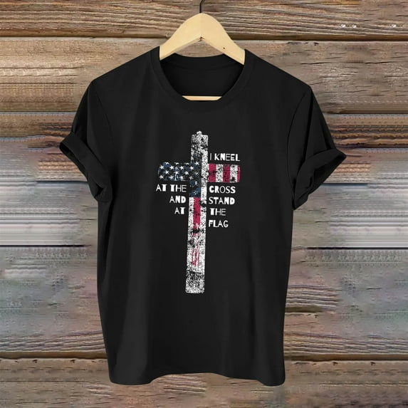 Fartey Women's American Flag Short Sleeve Shirts Retro Stars Stripe Graphic Tees Soft Comfy Crew Neck Casual T Shirt 4th of July Patriotic Tops Black S