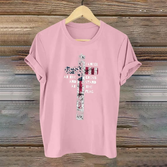 Fartey Women's American Flag Short Sleeve Shirts Retro Stars Stripe Graphic Tees Soft Comfy Crew Neck Casual T Shirt 4th of July Patriotic Tops Pink XXL