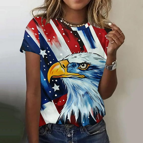 Fartey Women's American Flag Short Sleeve T Shirts Memorial Day Tops 4th of July Crew Neck Patriotic Shirt Trendy Stars Stripe Graphic Tees Multicolor S