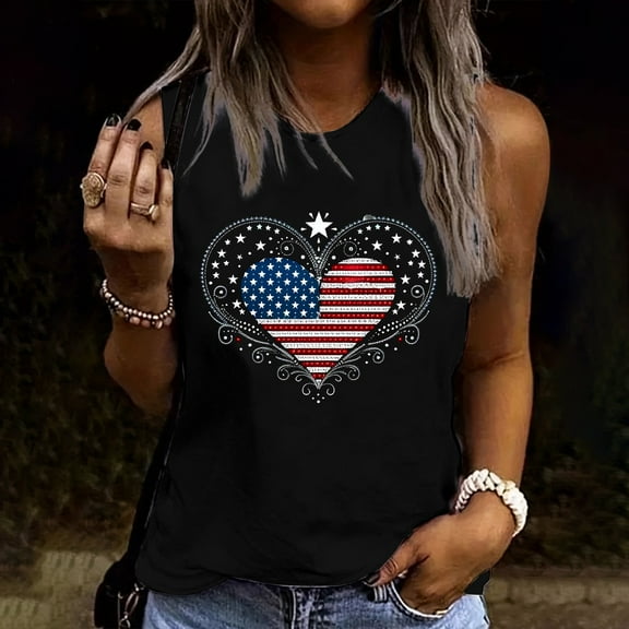 Fartey Women's American Flag Sleeveless Shirts Cotton Crew Neck Patriotic Tank Tops Cute Heart Stars Stripes Print Tees Loose Casual Festival Tops Black S