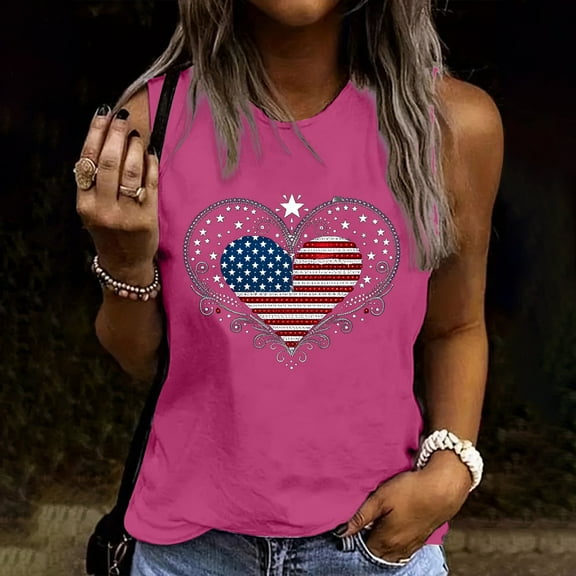 Fartey Women's American Flag Sleeveless Shirts Cotton Crew Neck Patriotic Tank Tops Cute Heart Stars Stripes Print Tees Loose Casual Festival Tops Red XL
