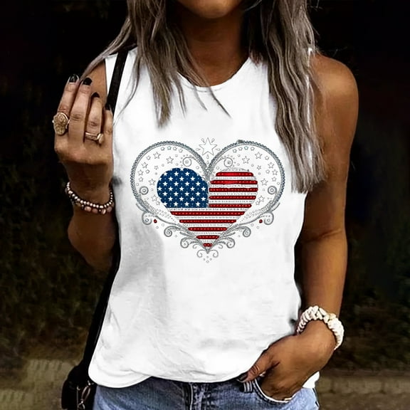 Fartey Women's American Flag Sleeveless Shirts Cotton Crew Neck Patriotic Tank Tops Cute Heart Stars Stripes Print Tees Loose Casual Festival Tops White M