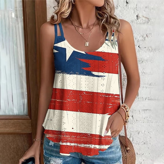 Fartey Women's American Flag Spaghetti Strap Camis Top Breathable Hollow Out Sleeveless Shirts Patriotic Scoop Neck Camisoles Loose Flowy Festival Tank Tops Red XXXL