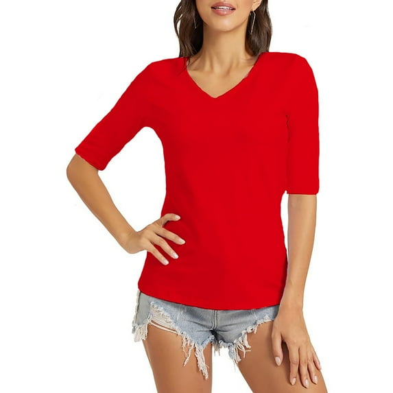 Fartey Women's Basic Half Sleeve V Neck T-Shirt Fashion Solid Color Casual Tops Business Work Blouses Plus Size Summer Tunic Tops 2025 Red XXXXL