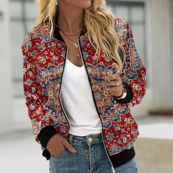 Fartey Women's Bomber Jackets Lightweight Zip Up Long Sleeve Coat Floral Print Moto Biker Jacket Fashion Fall Outerwear Windbreaker with Pockets S-2XL