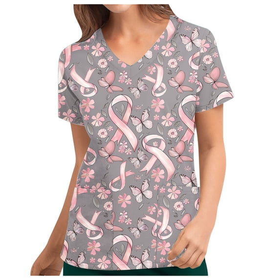 Fartey Women's Breast Cancer Awareness Scrub Tops Pink Ribbon Graphic Tees Slim Fit V Neck Short Sleeve Shirts with Pockets Pink L