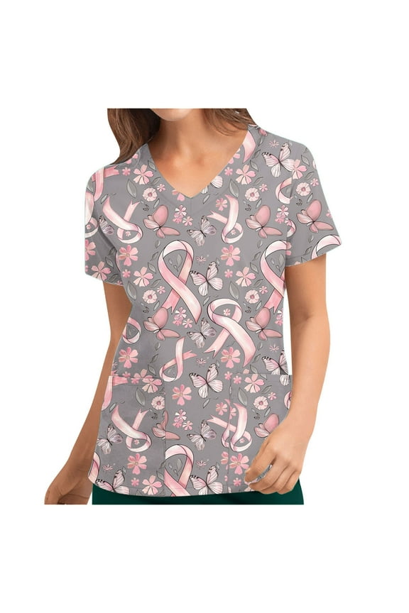 Women's Breast Cancer Awareness Scrub Tops Pink Ribbon Graphic Tees Slim Fit V Neck Short Sleeve Shirts with Pockets Pink L