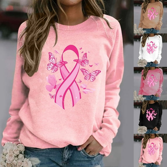 Fartey Women's Breast Cancer Awareness Shirts Inspirational Long Sleeve Pullover Funny Pink Ribbon Print Tops Cancer Survivor Crew Neck Blouses Black S