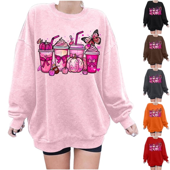 Fartey Women's Breast Cancer Awareness Sweatshirt Oversized Pink Ribbon Graphic Crewneck Sweatshirts Soft Comfy Long Sleeve Pullover Tops Gray XL