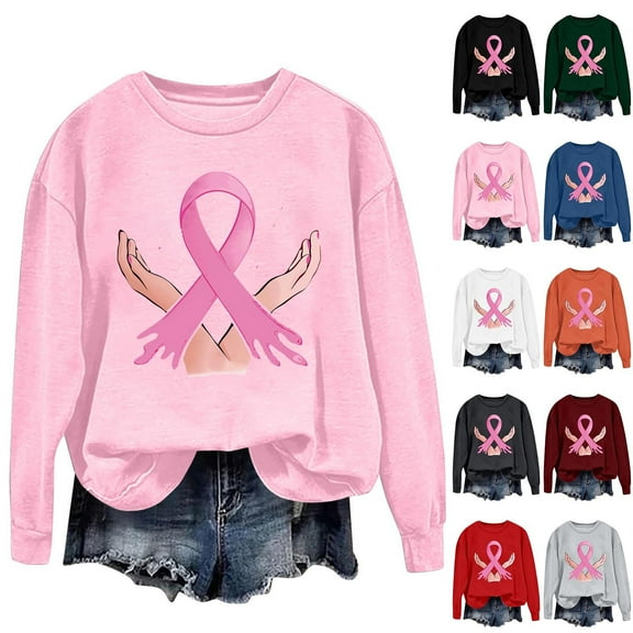 Fartey Women's Breast Cancer Awareness Sweatshirt Pink Ribbon Inspirational Tops Loose Casual Long Sleeve Sweatshirts Fall Winter Crew Neck Pullover White XL