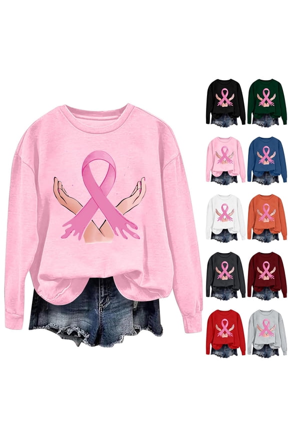 Women's Breast Cancer Awareness Sweatshirt Pink Ribbon Inspirational Tops Loose Casual Long Sleeve Sweatshirts Fall Winter Crew Neck Pullover Army Green 2XL