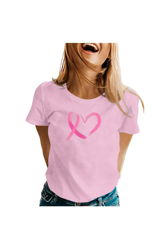 Women's Breast Cancer Short Sleeve Shirts Cute Heart Pink Ribbon Print Crew Neck Tess Breast Cancer Awareness Tshirts Gifts Tops Pink XL