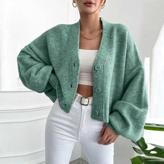 Fartey Women's Button Down Cardigan Sweaters Fashion Lantern Long Sleeve Open Front Fashion Solid Color Sweaters Fall Winter Warm Tops Green S
