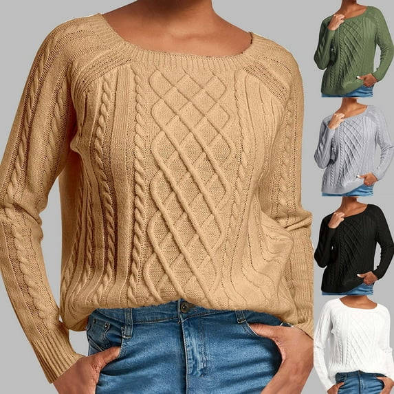 Fartey Women's Cable Knit Sweater Casual Long Sleeve Crew Neck Knit Pullover Sweaters Casual Fall Winter Chunky Knit Jumper Tops Black XL