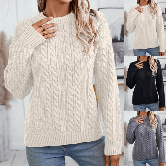Fartey Women's Cable Knit Sweater Loose Fit Fall Long Sleeve Chunky Knitwear Cozy Crew Neck Pullover Sweaters Winter Fashion Clothing Gray L