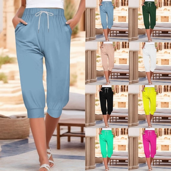 Fartey Women's Capri Sweatpants Fall Casual Cropped Jogger Pants Elastic Waist Drawstring Sweat Pants Gym Workout Yoga Capris with Pockets Blue L