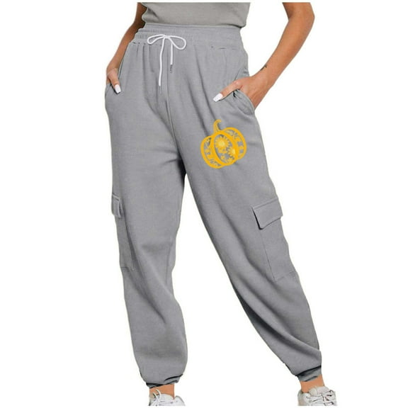 Fartey Women's Cargo Sweatpants Fall Winter Drawstring Elastic High Waist Pants Halloween Jogging Pants Cute Pumpkin Print Sweatpants with Pockets Gray S